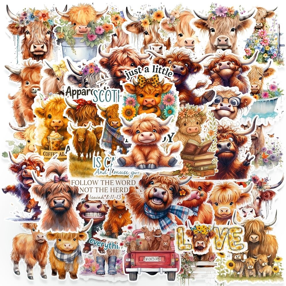 100 PCS Highland Cow Stickers,Funny Stickers,Waterproof Yellow 