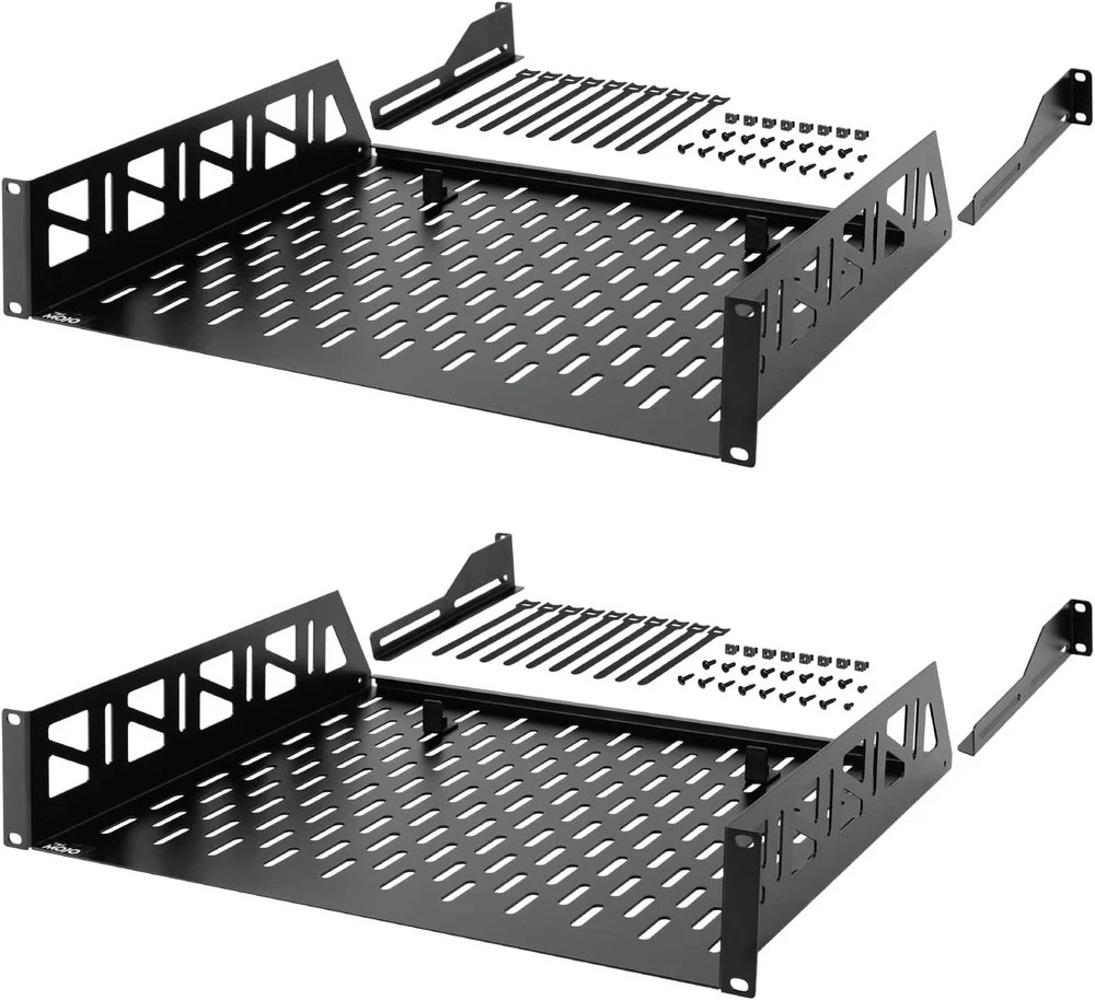 2U 19" Rack Shelf, 14" Depth, 110Lbs Capacity, 2-Pack with Accessories