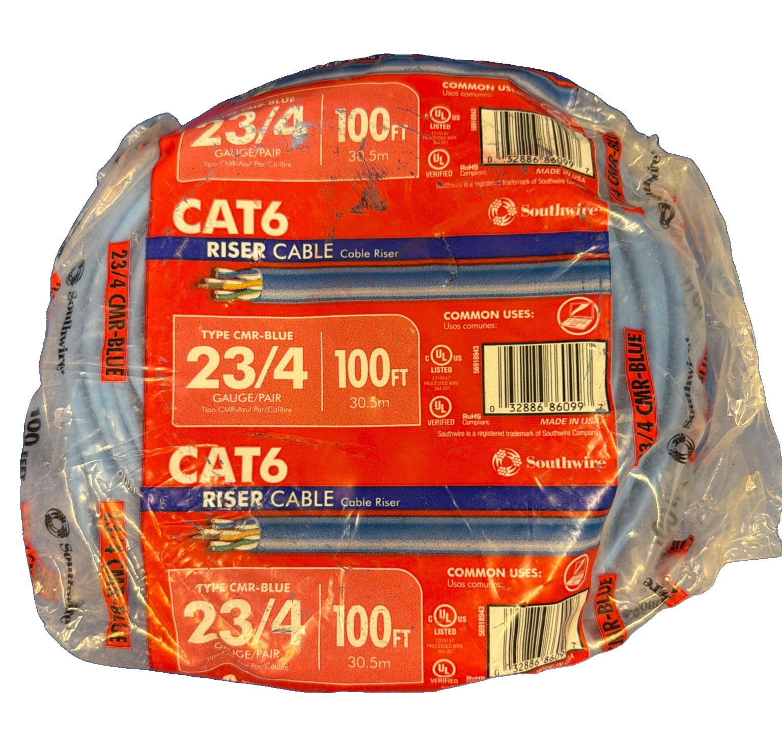 CAT6 Riser Cable CMR-Blue 23/4 Gauge/Pair 100ft. 23 Gauge 4 pair Cat 6 Southwire