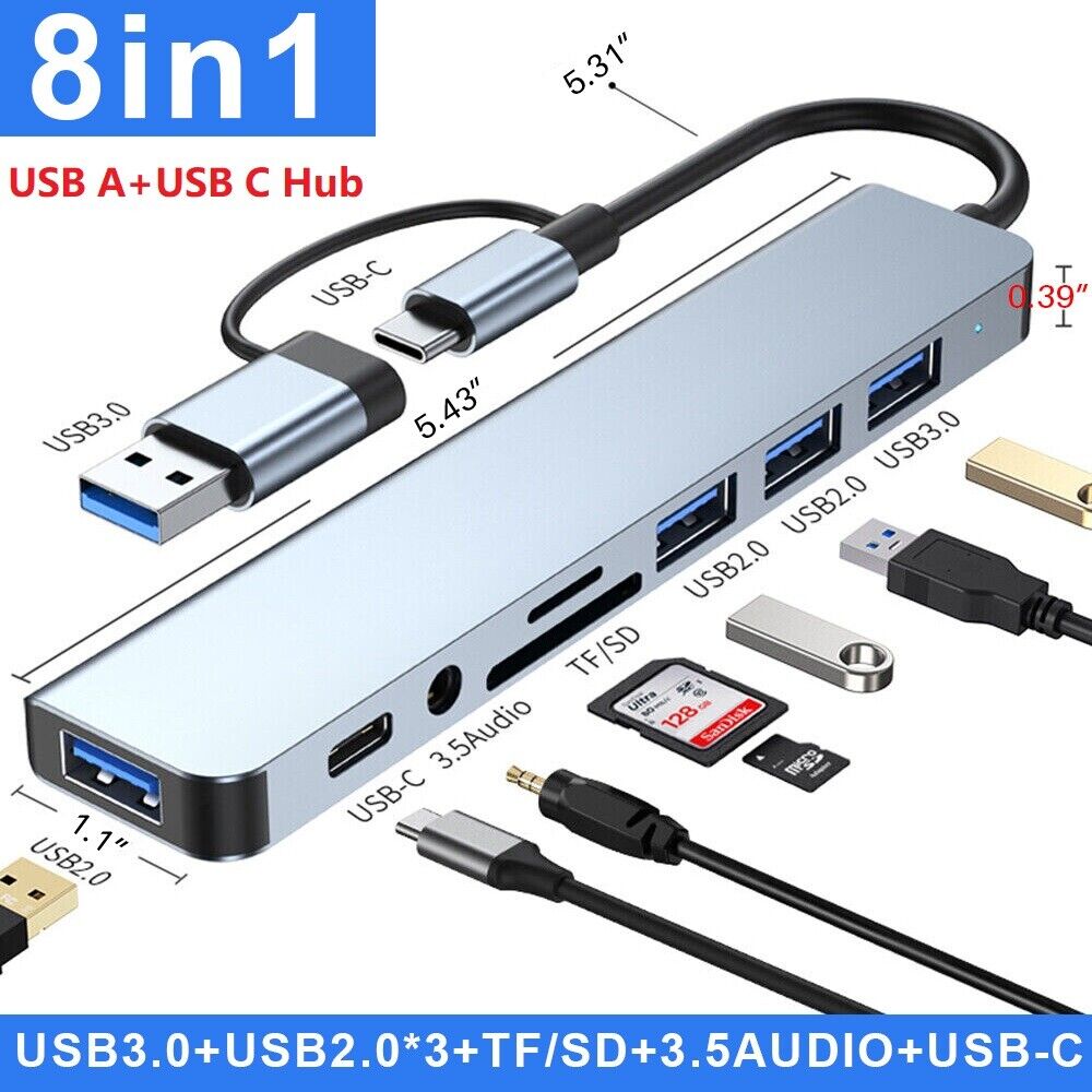 8in1 USB-C Hub Type C To USB TF SD Card 3.5mm Audio Adapter for PC Laptop Tablet