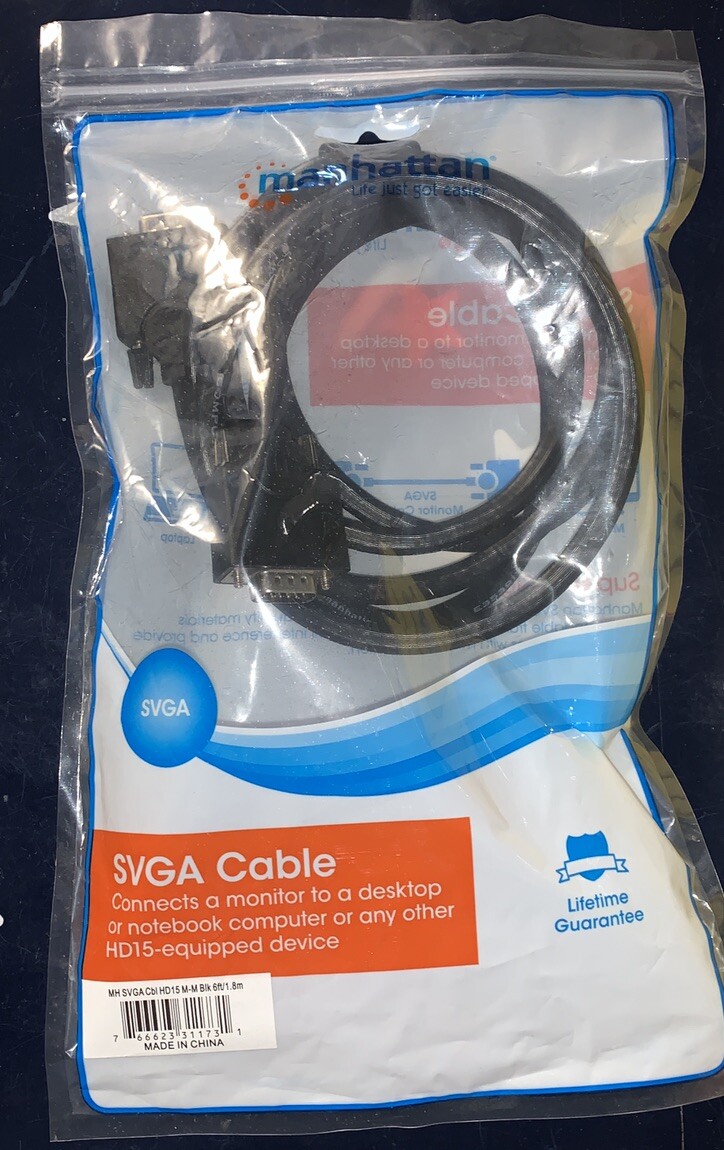 NEW Manhattan SVGA Monitor Cable 311731 Black 6ft 1.8m
