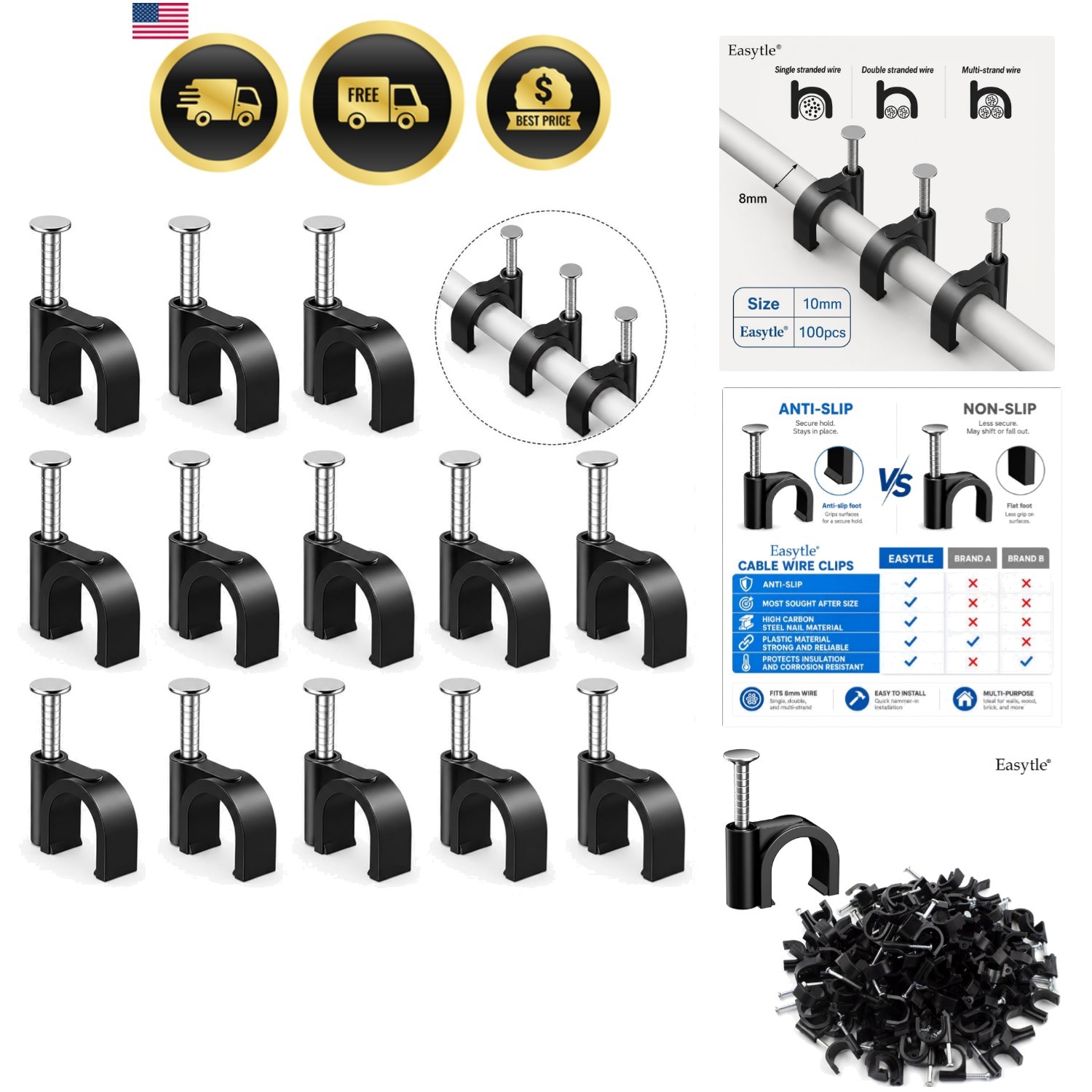 Cable Clips Wire Clips Nails 10mm Black 100 Pcs for Electrical Ethernet Coax TV