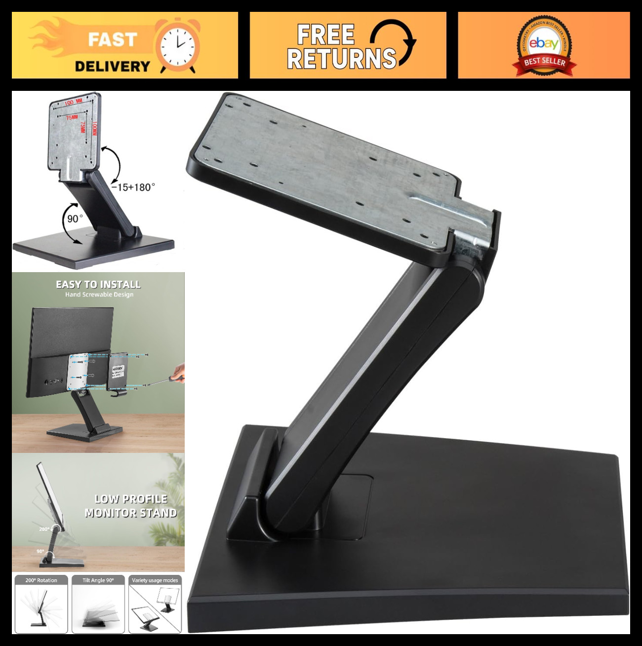 Low Profile Foldable VESA Monitor Stand - Short Lay Flat Design, 75x75mm & 100x1