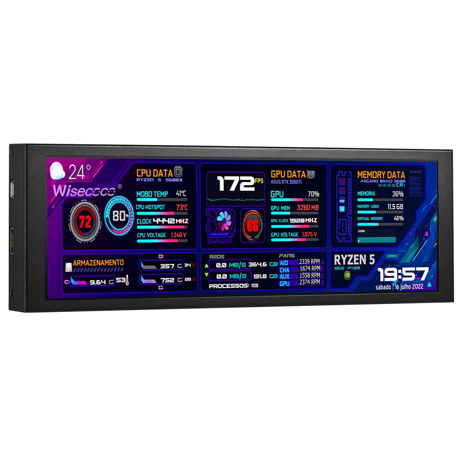 wisecoco 7.84 Inch Mini Monitor HD IPS 1280x400 Secondary Screen Stretched Ba...