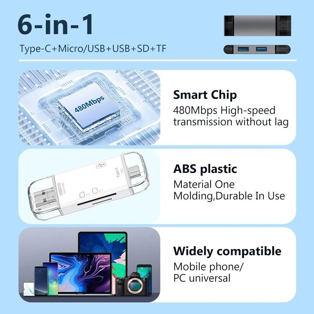 Multifunction 6 in 1 OTG SD Card Reader USB 2.0 Type-C/TF/SD Memory Card Smart C