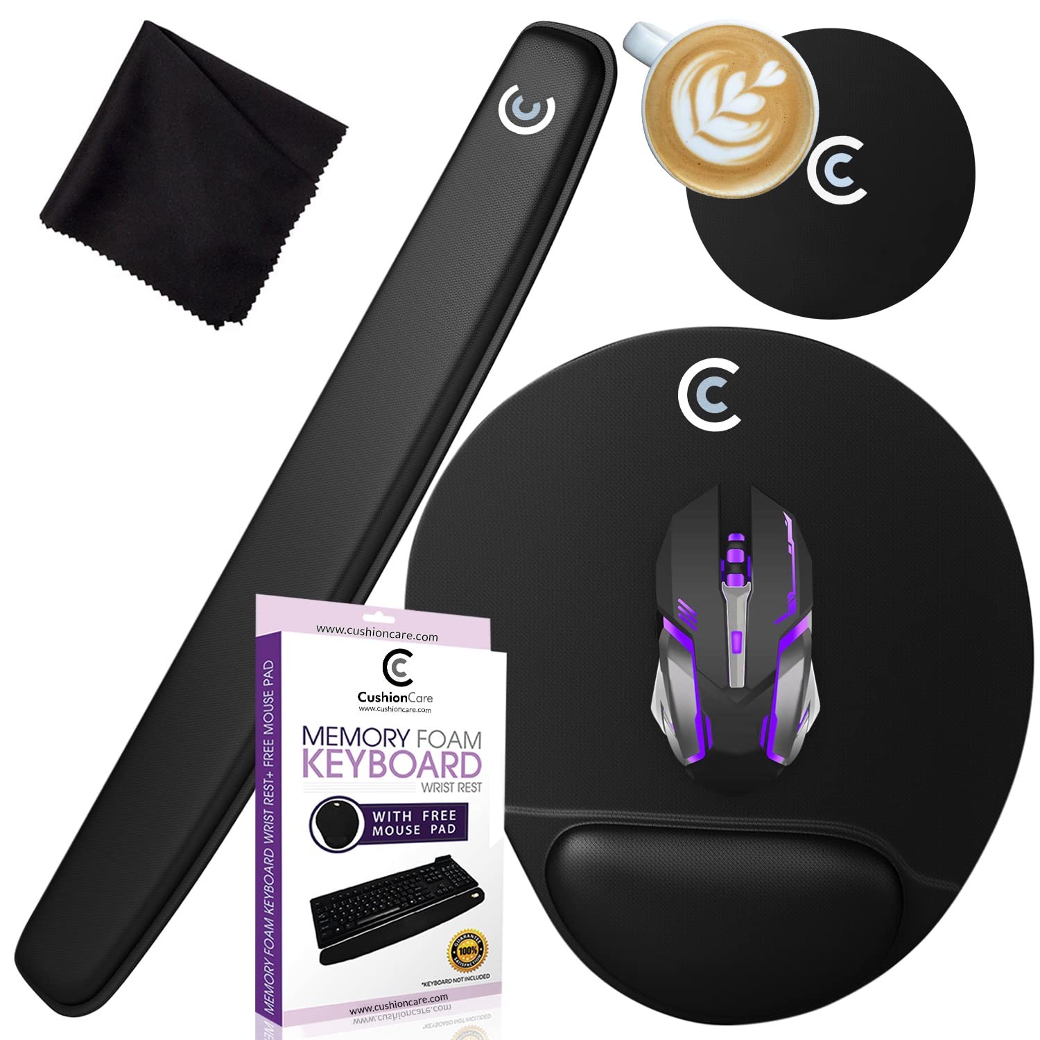 4 PCS Premium Wrist Rests Keyboard Mouse Pad Set Memory Foam Black