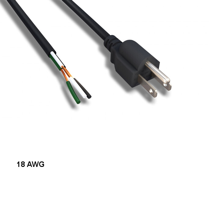 [Lot10] 6Ft 18 AWG AC Power Cable NEMA 5-15P to ROJ Pigtail 3 Wires 15A/125V
