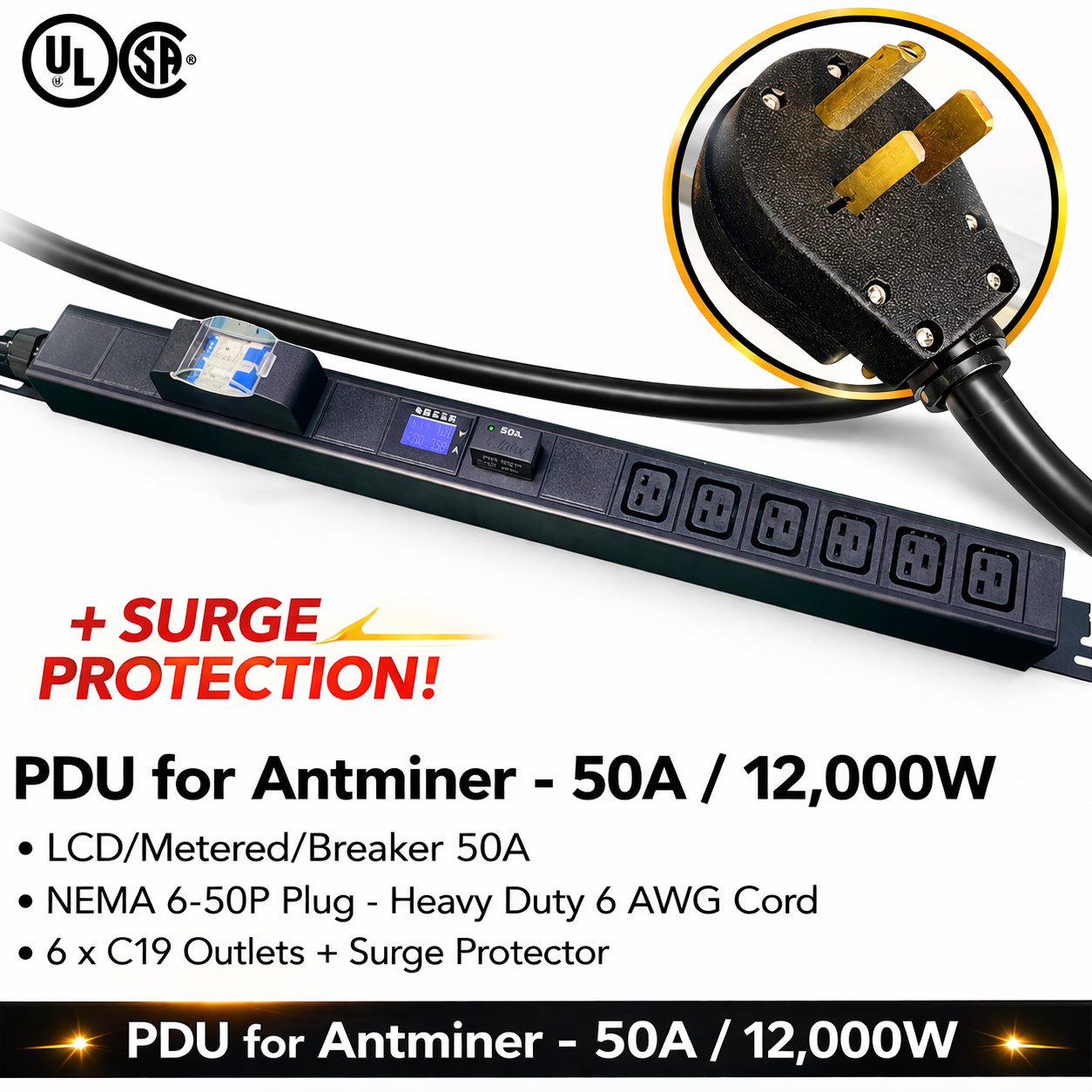 US Metered 240V 50A PDU 6 C19 Outlets Surge Protection NEMA 6‑50P Mining Server