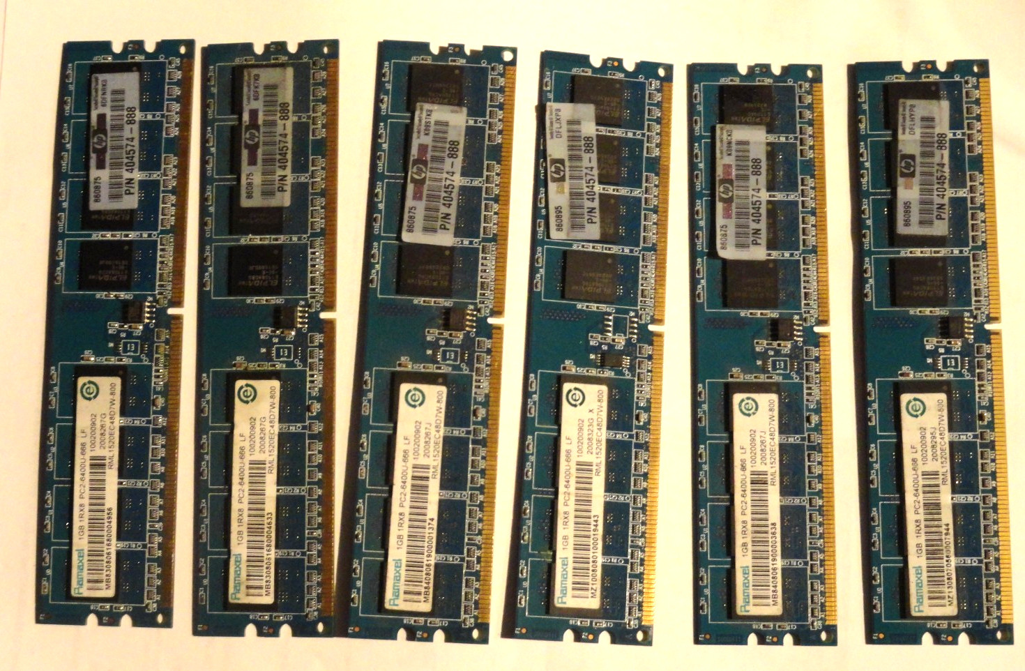 6- 1GB RAMAXEL MEMORY 6GB  PC2-6400U-666-LF DDR2-800MHz DIMM RAM HP 404574-888