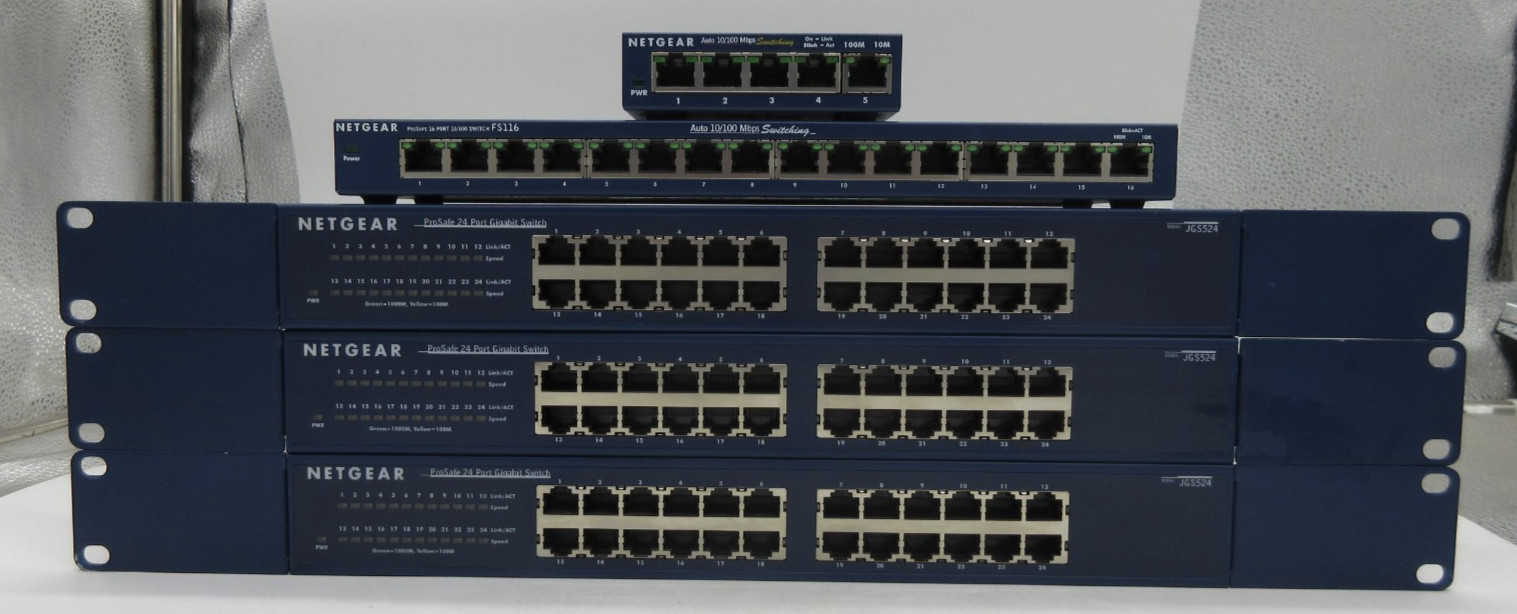 SET OF 5 NETGEAR ProSafe JGS524/FS116/FS105 24-Port Rackmount Switch