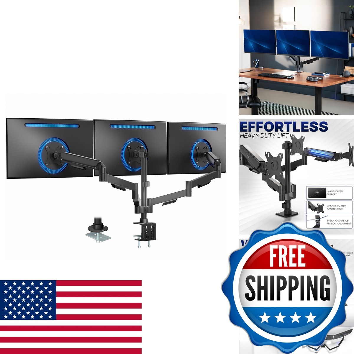 VIVO Triple Monitor Stand, Fully Adjustable Arms 17 27 Inch Screens, Mechanical