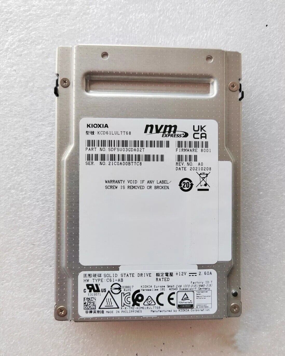 KIOXIA CD6 7.68TB 2.5" U.2 NVME PCIe 4.0 x4 KCD61LUL7T68 SSD 95%+ Health