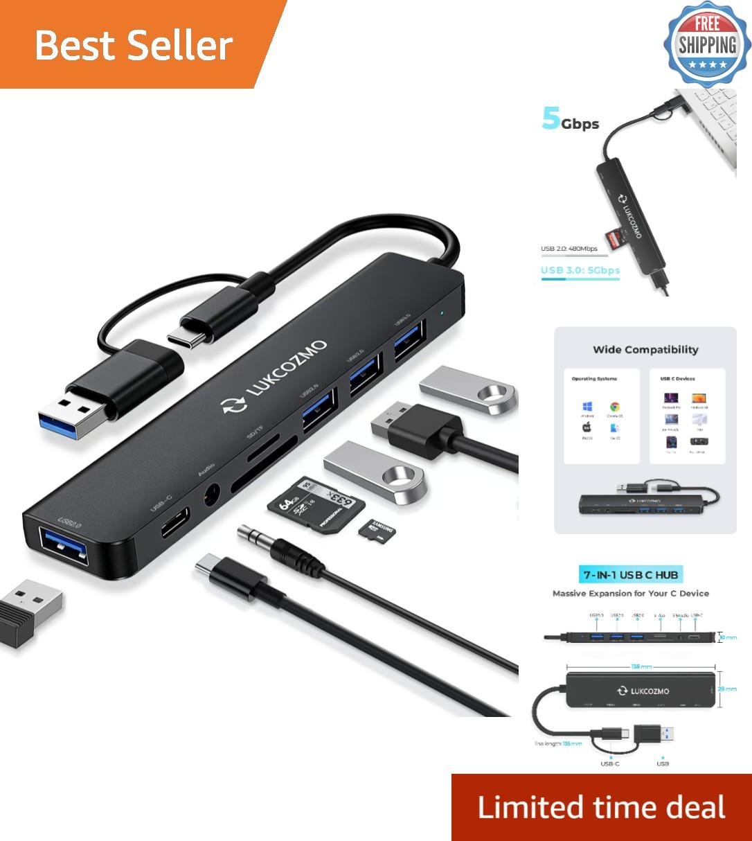 Portable USB C Docking Station - 8-in-1 Hub with Gigabit Ethernet & Card Reader
