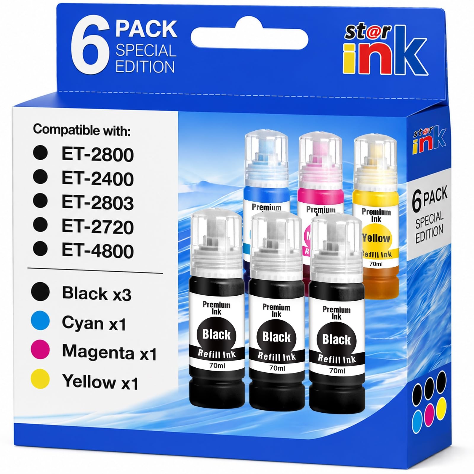 Ink Refill Bottles for Epson EcoTank Printers, 6 Pack Black Cyan Magenta Yellow