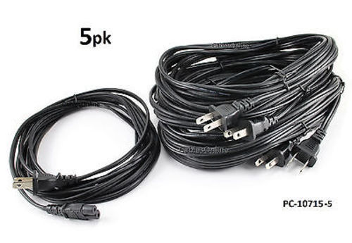 5-PACK 15ft 2-Prong Figure-8 Replacement Non-Polarized Computer Power Cord Cable