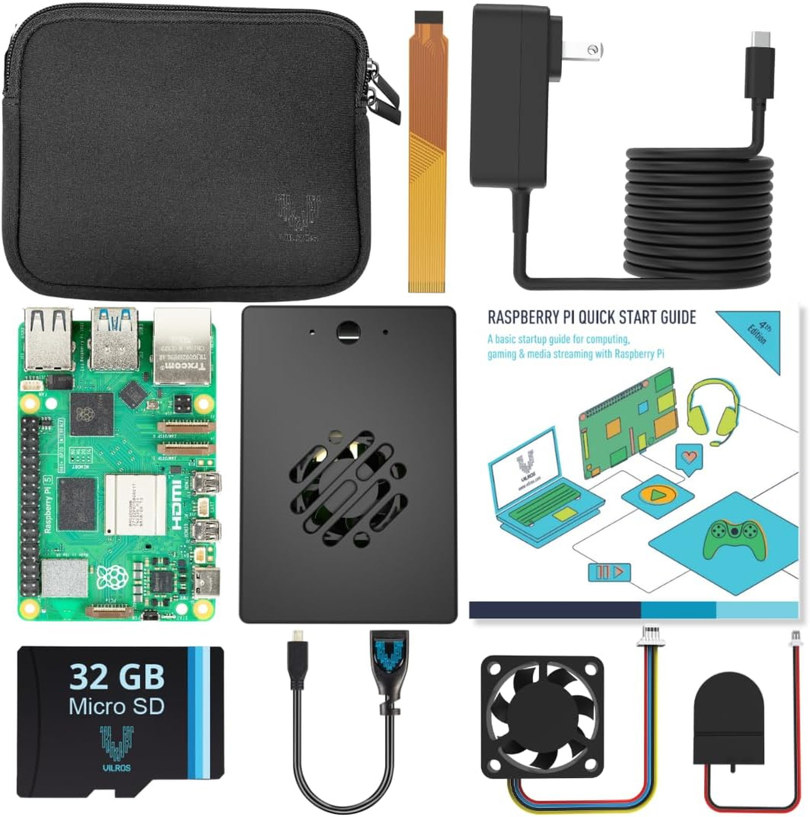 Raspberry Pi 5-4GB Starter Kit Aluminum Cooling Case Micro SD Card Power Supply