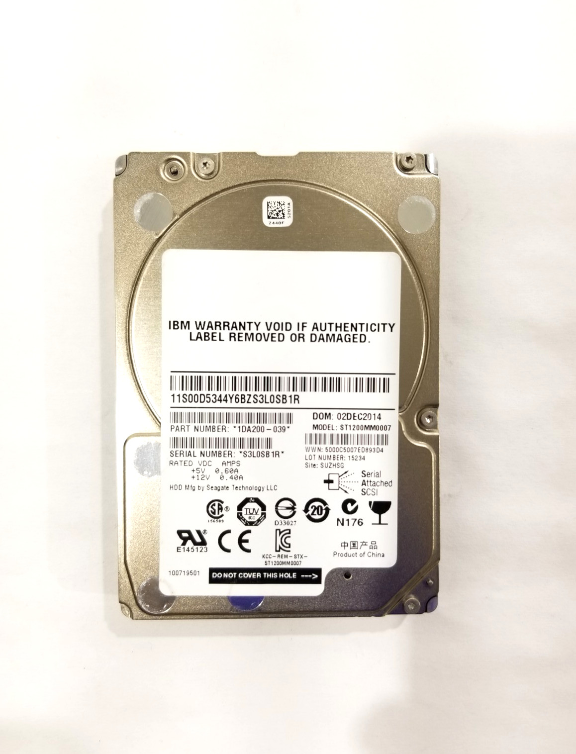 Seagate ST1200MM0007 1.2TB 2.5" 6Gb/s 10K RPM SAS Hard Drive P/N: 1DA200-039