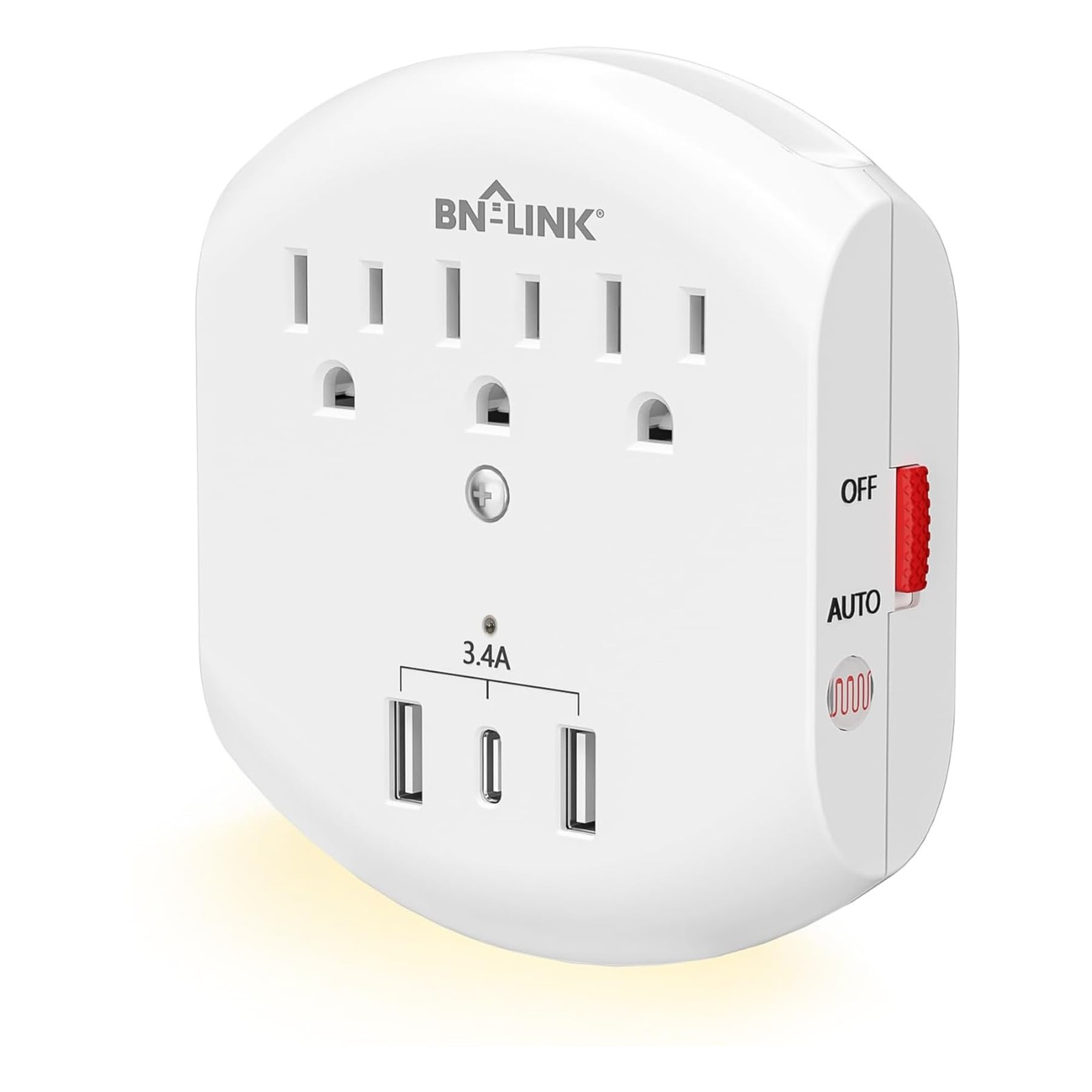 BN-LINK 3-Outlet Extender, Multi Plug 3 Outlets - Night Light (USB), White
