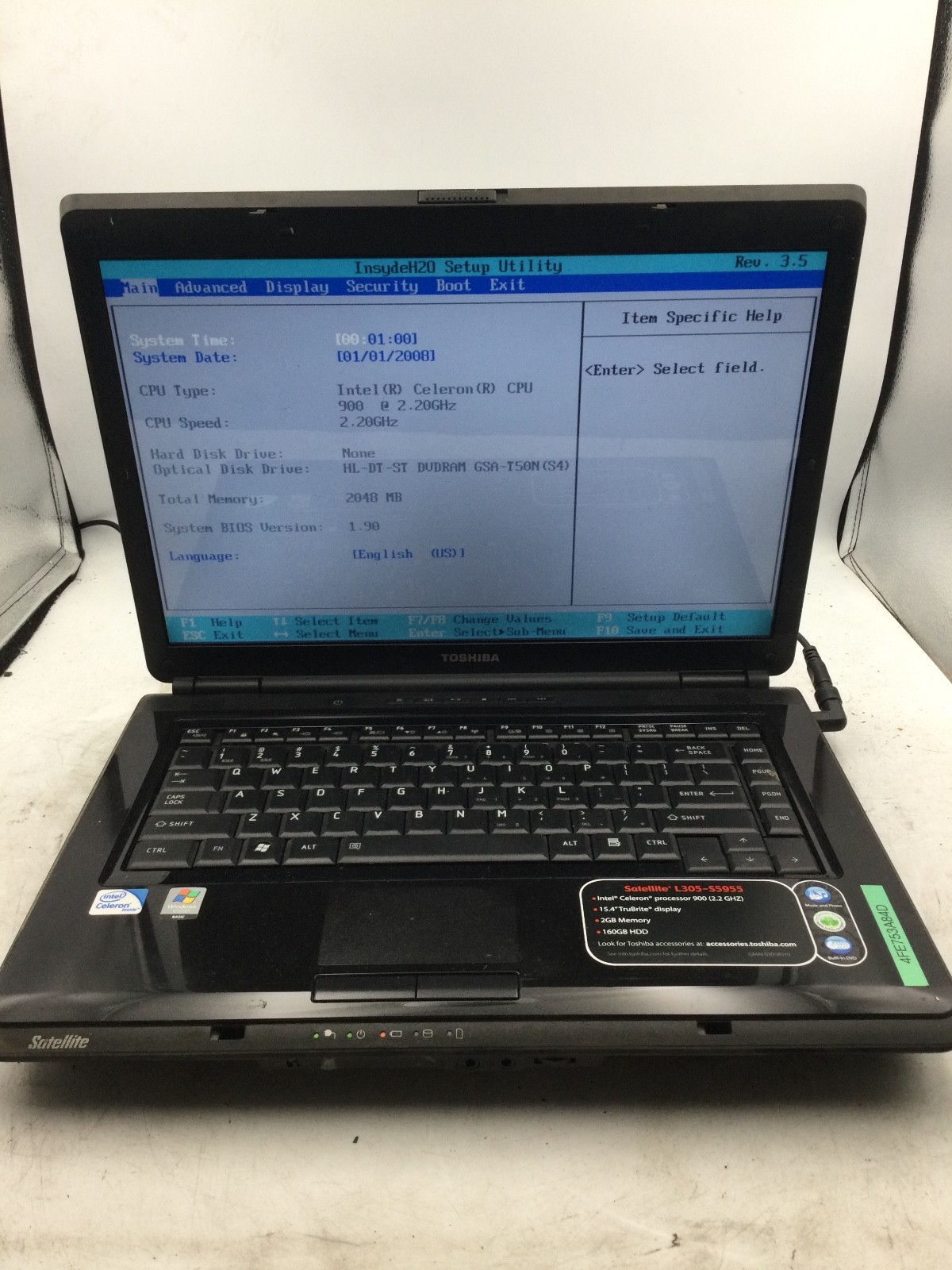 TOSHIBA SATELLITE L305 S5955 - BOOTS TO BIOS - INTEL CELERON - 2GB RAM -READ- BB