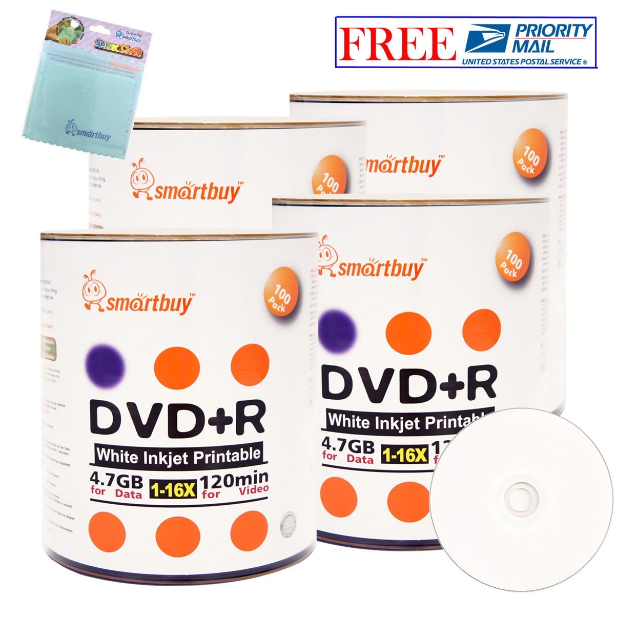 400 Smartbuy 16X DVD+R 4.7GB White Inkjet Printable Disc +FREE Micro Fiber Cloth