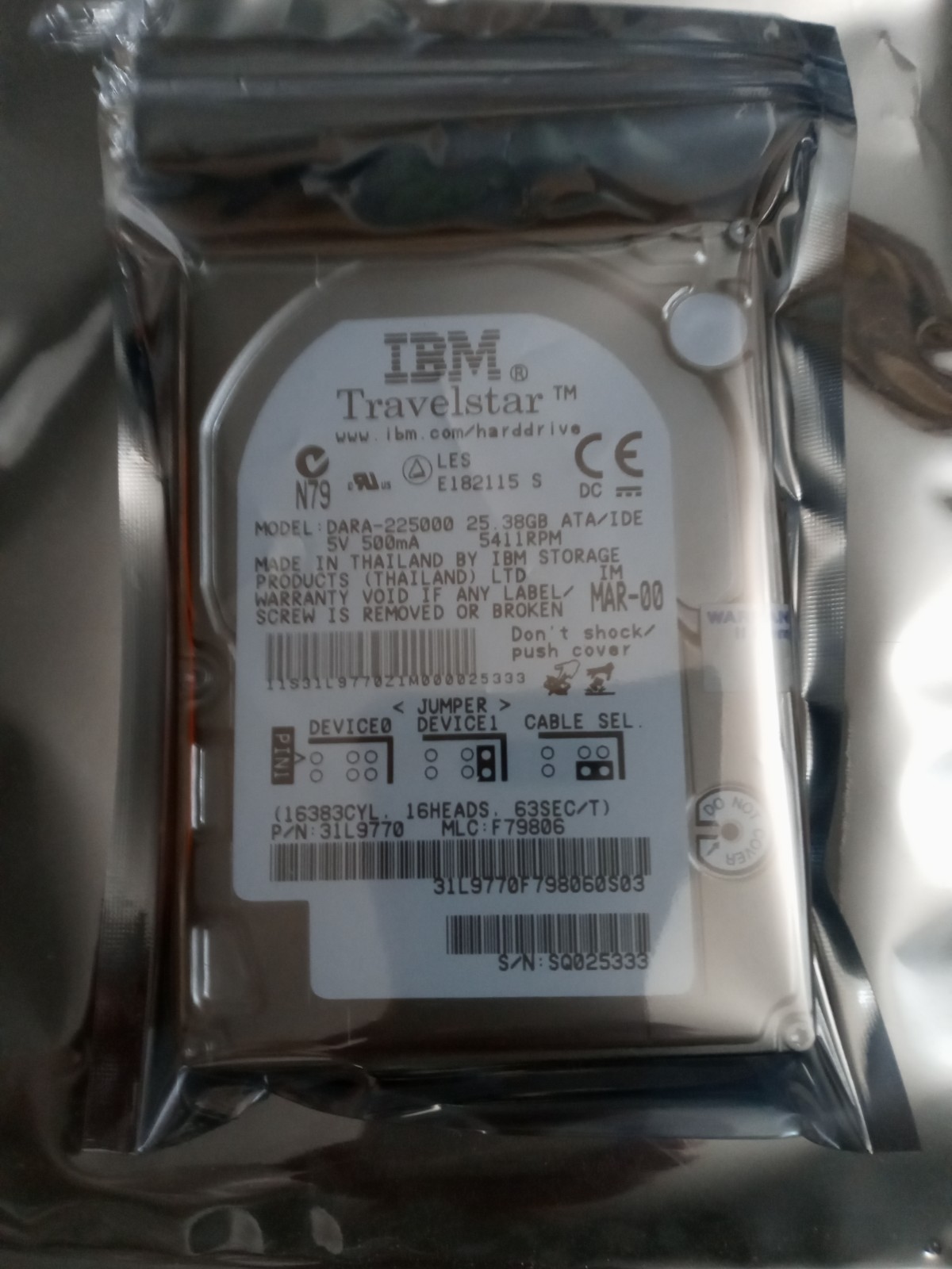 IBM TravelStar Model DARA-225000 - 25GB  ATA/IDE- 2.5 Hard Drive P/N 31L9770