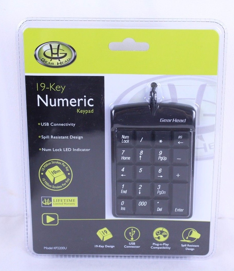 Gear Head 19-Key Numeric Keypad  KP2200U USB Plug n Play Sealed Pkg