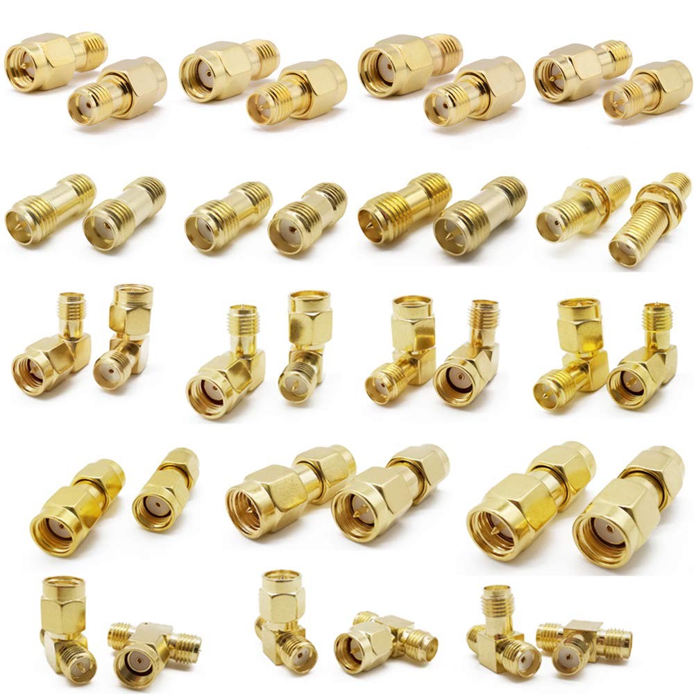 18pc SMA Connector Kit RP SMA Adapter Plug Jack RF Coax Set Gold Brass