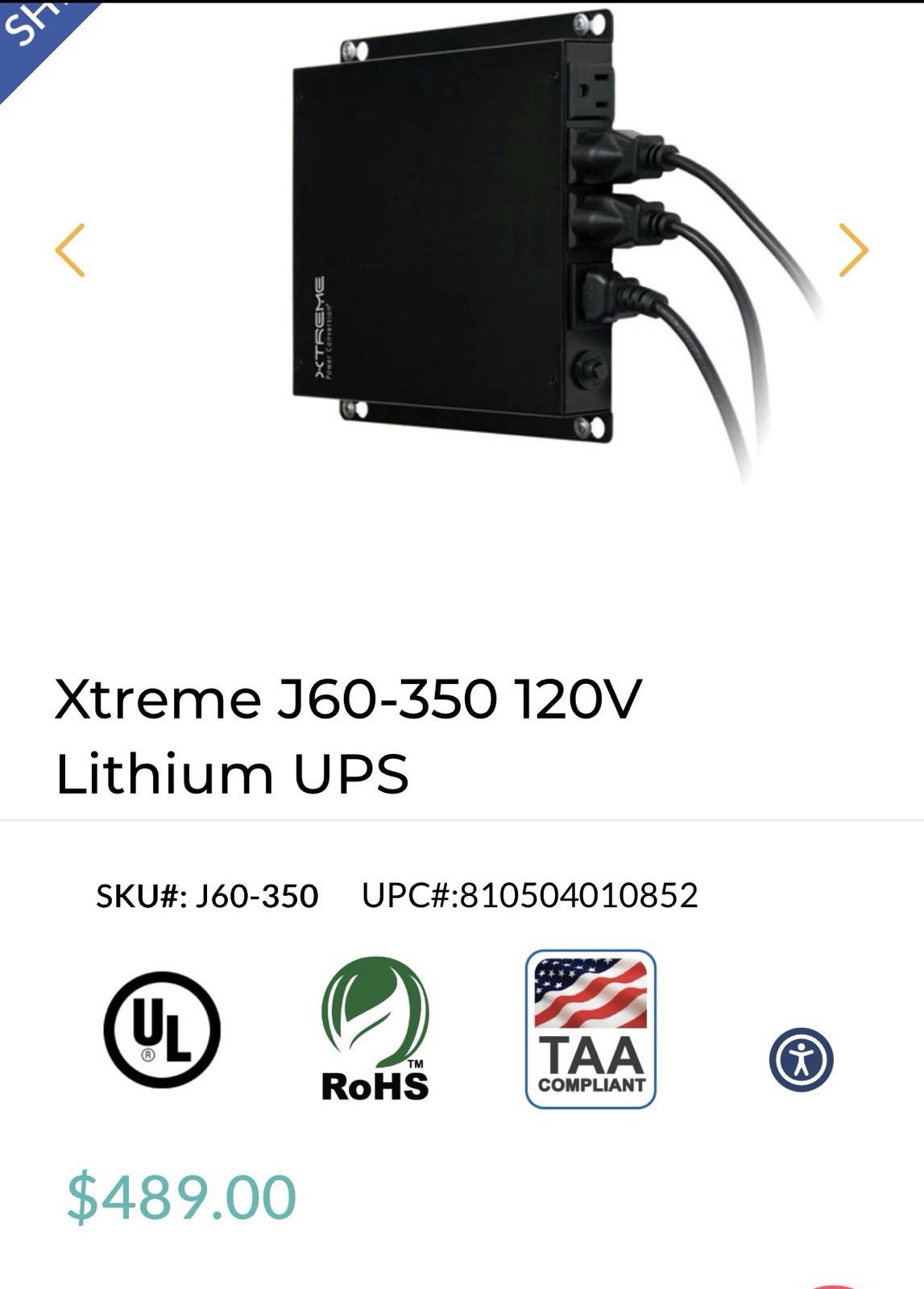 Xtreme J60-350 Power Conversion Lithium Ion UPS 350va/200w 120V