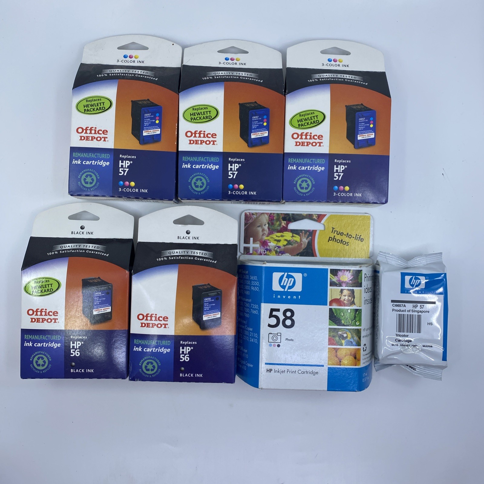 Office Depot OEM HP 56 57 58 Printer Ink Cartridges New Sealed Expired Lot of 7
