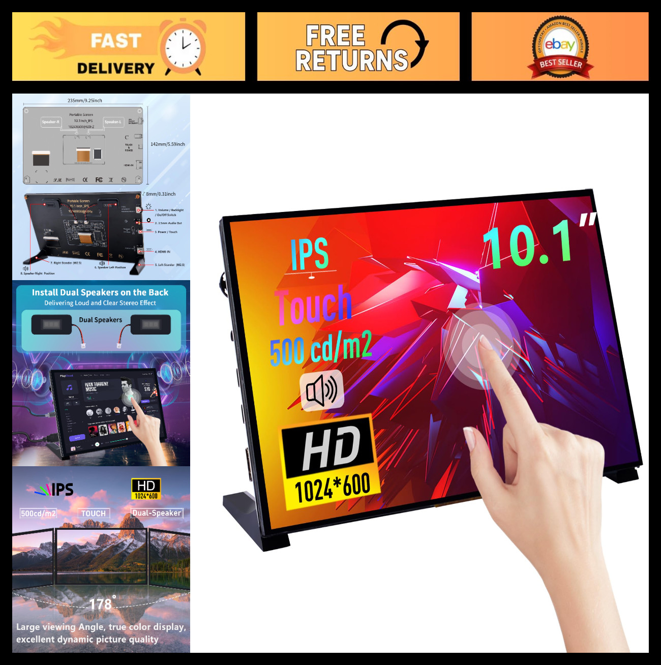 10.1" Capacitive Touchscreen Monitor, 1024x600 IPS, HDMI Portable Display for Ra