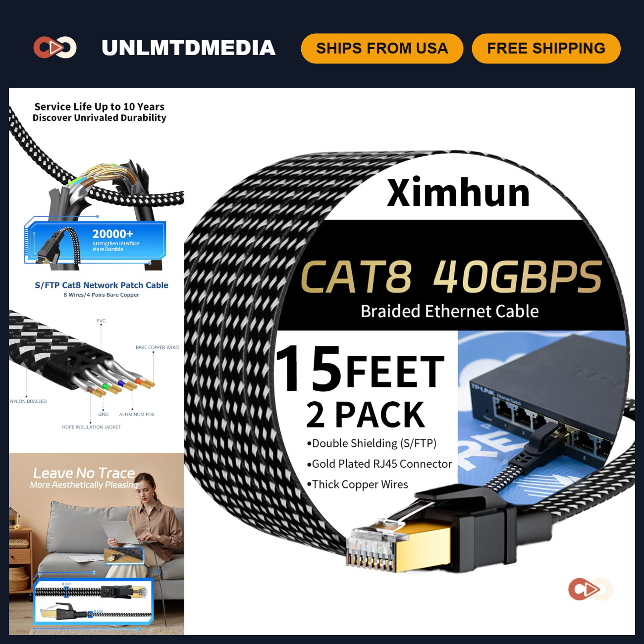 15FT Cat 8 Ethernet Cable 2-Pack, High-Speed Network Internet Cord for Gaming &