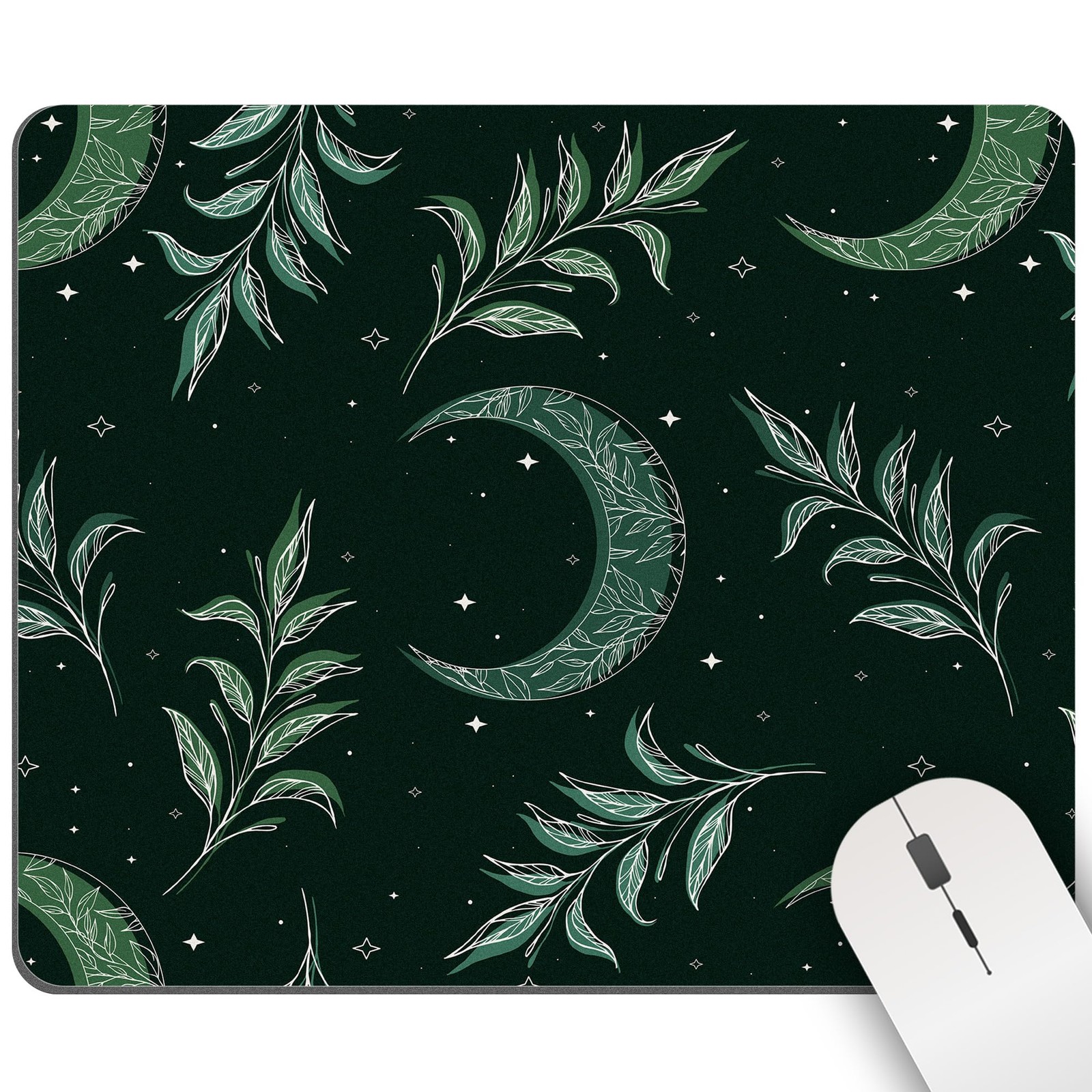 Moon Leaf Mouse Pad Black Green Herb Boho Mousepad Desk Witchy Cute Aesthetic...