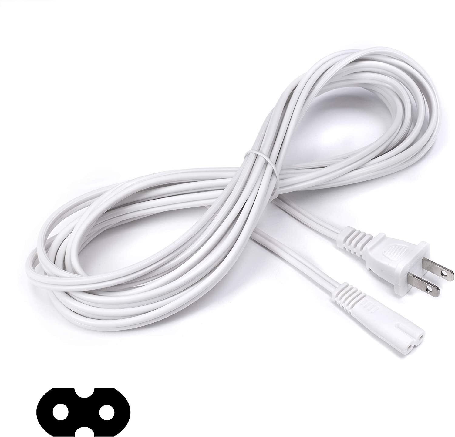 2 Prong AC Power Cord - NEMA 1-15P to C7 - Figure 8 Rnd, 18 AWG - White, 15 Feet