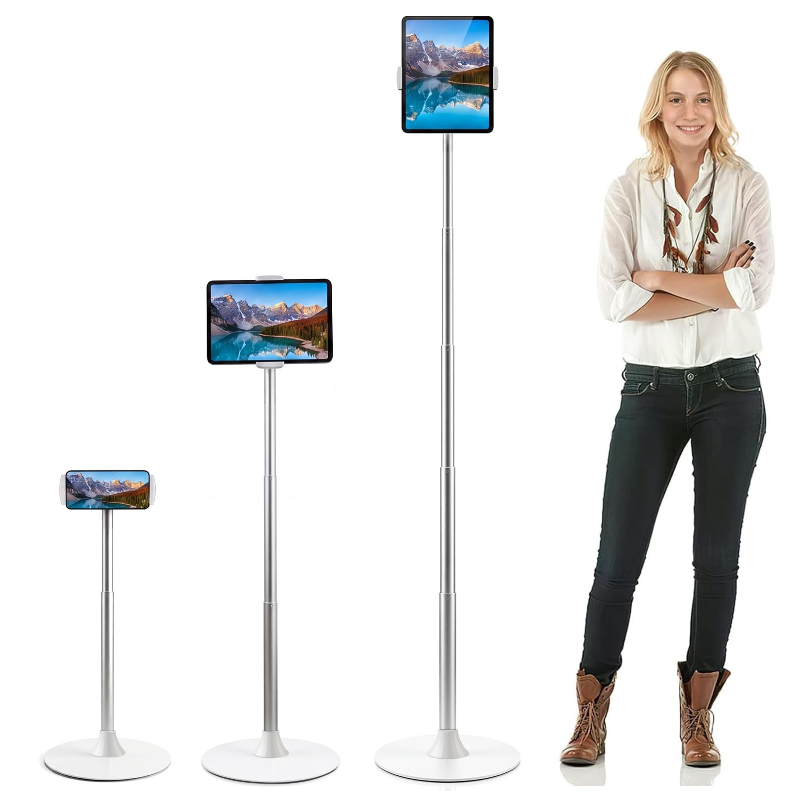 Heavy-Duty iPad Stand Floor 65" Height-Adjustable Tablet Holder
