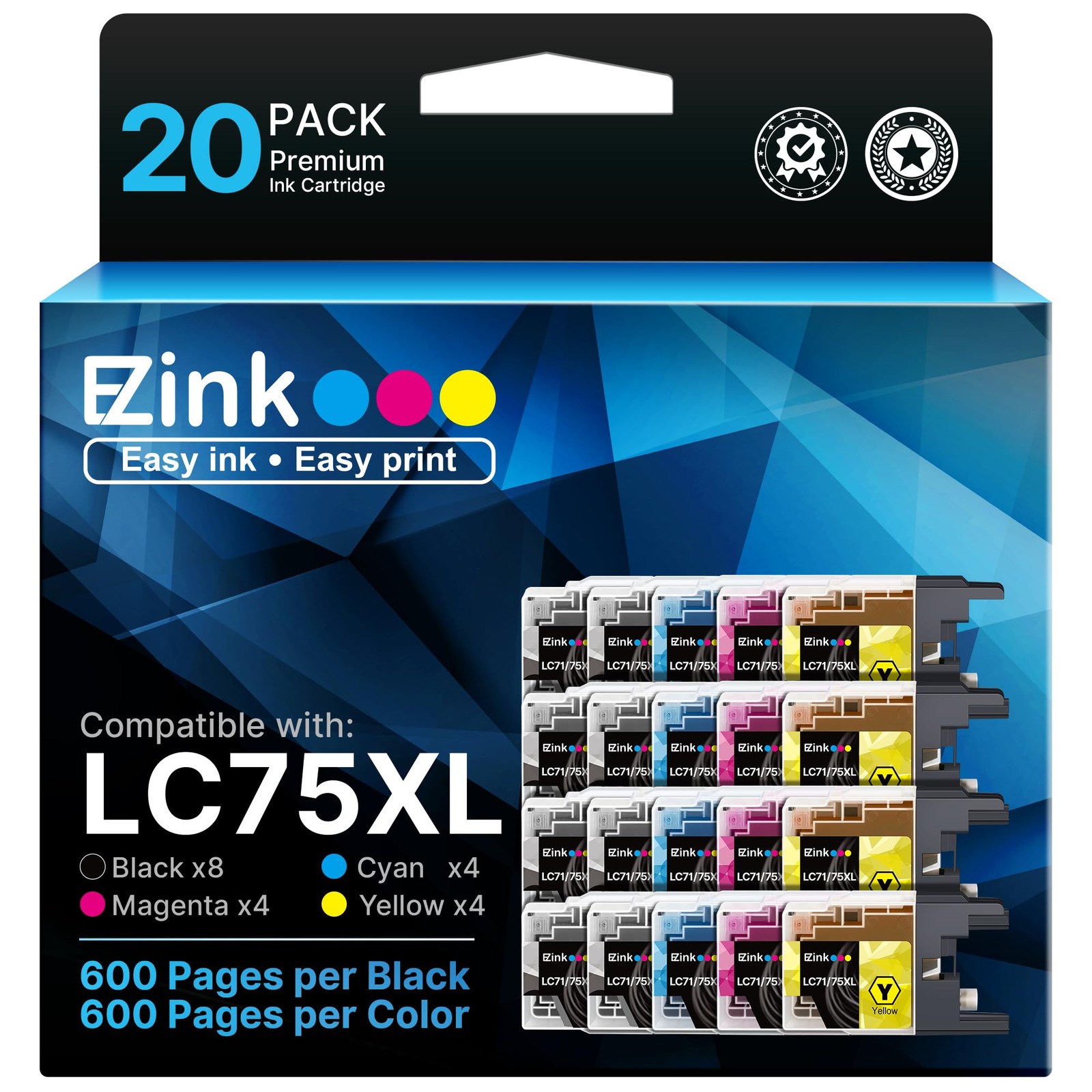 E Z Ink Lc75xl High Yield Ink Cartridges Compatible For Brother Printers 20 Pack