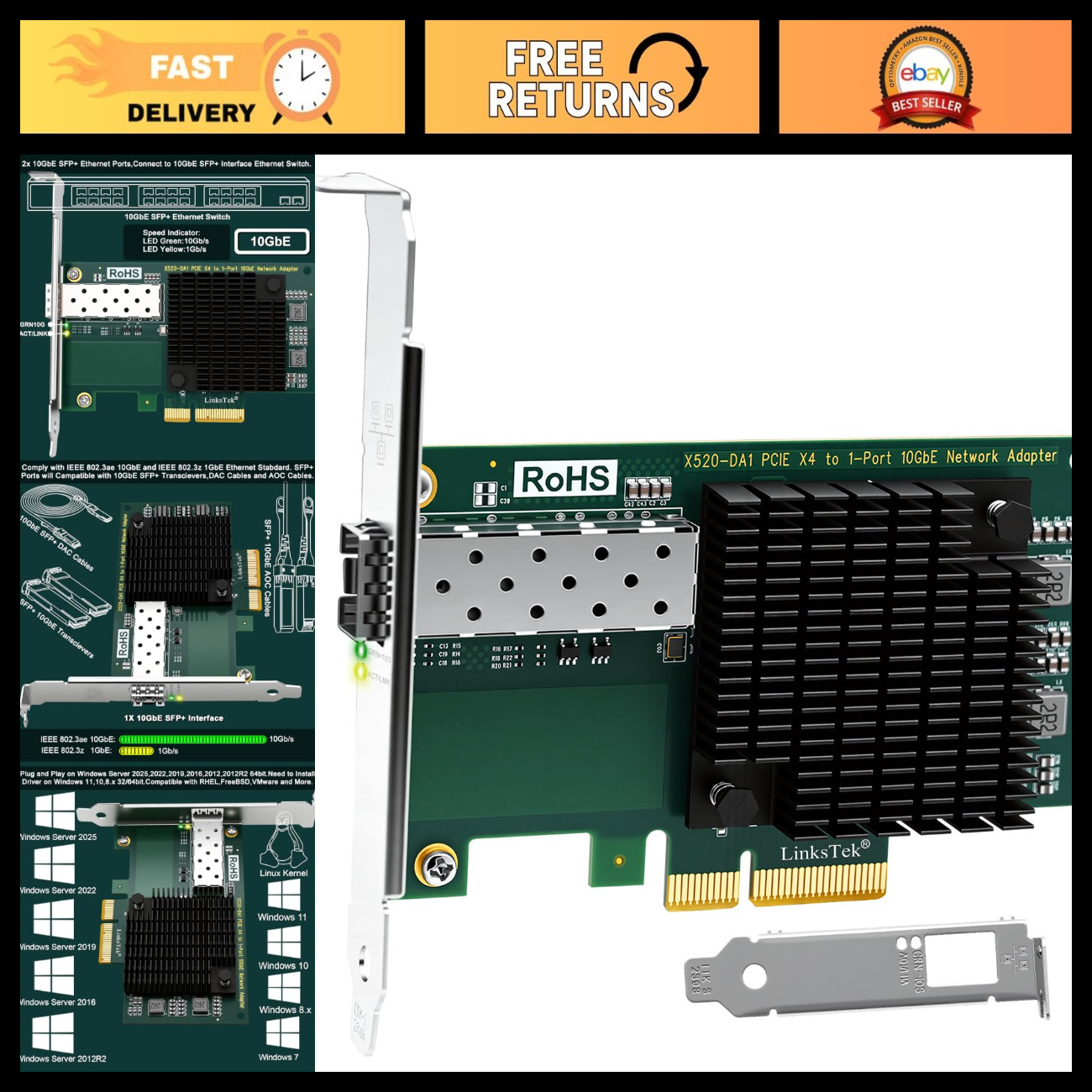 10Gb/s SFP+ Fiber Ethernet Adapter for NAS & PCs, PCIe x4 NIC Card, Intel 82599E