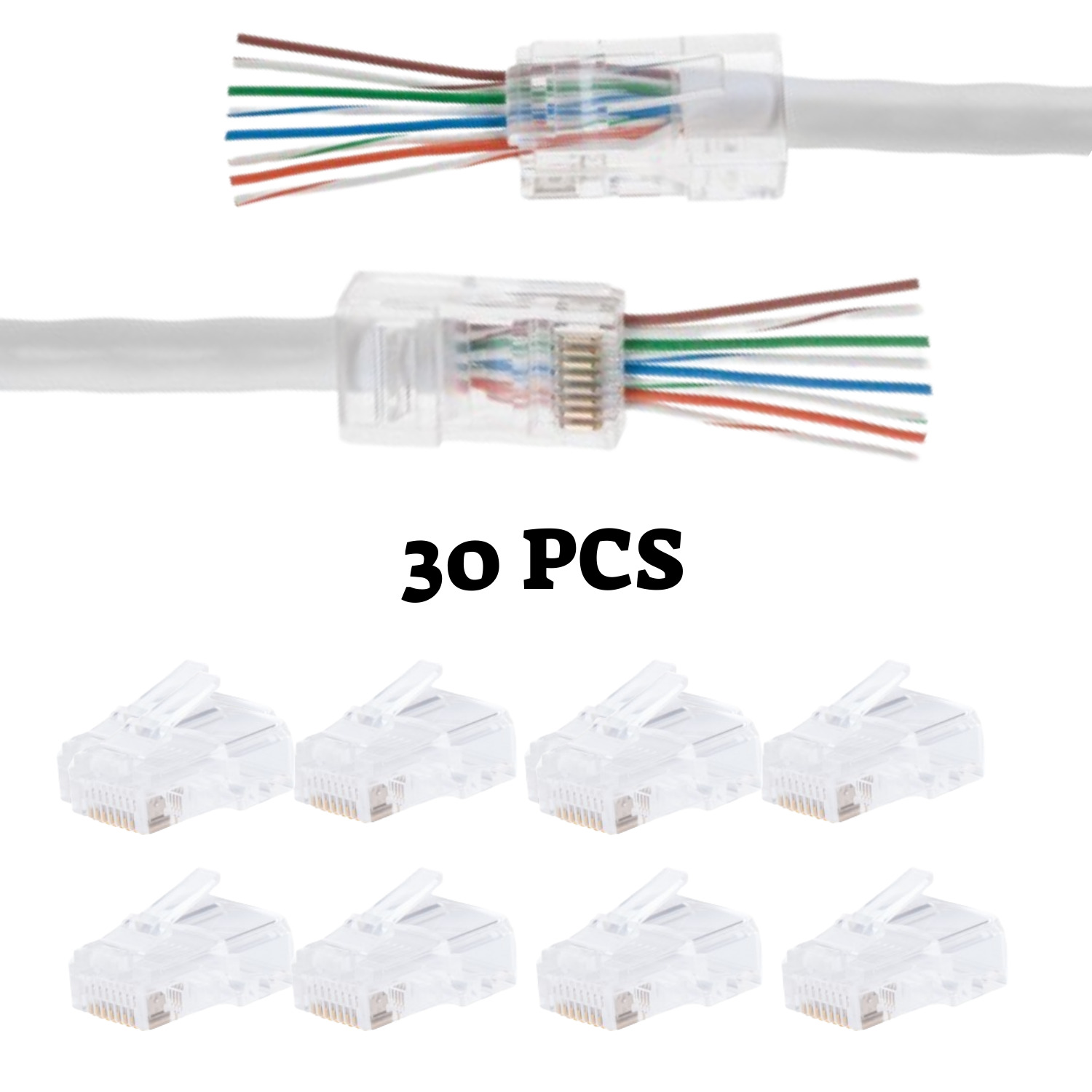 30 pcs RJ45 End Pass Through Connector for CAT5e UTP Network Cable Gold Plated