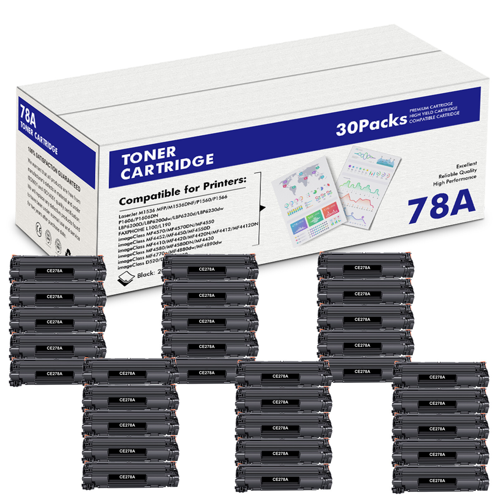 30 Pack CE278A Toner Compatible for HP LaserJet Pro M1536dn P1600 P1606 P1560