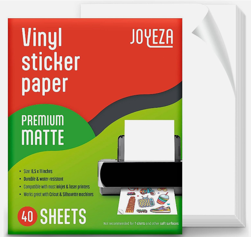 JOYEZA 40 Sheet Premium Printable Vinyl Sticker Paper Inkjet & Laser print White
