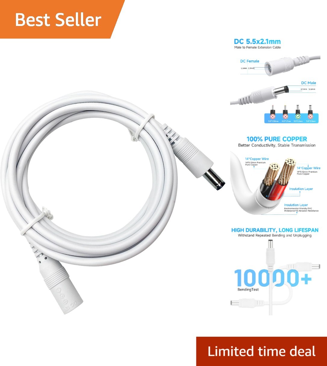 Pure Copper 6ft DC Power Extension for Cameras and More