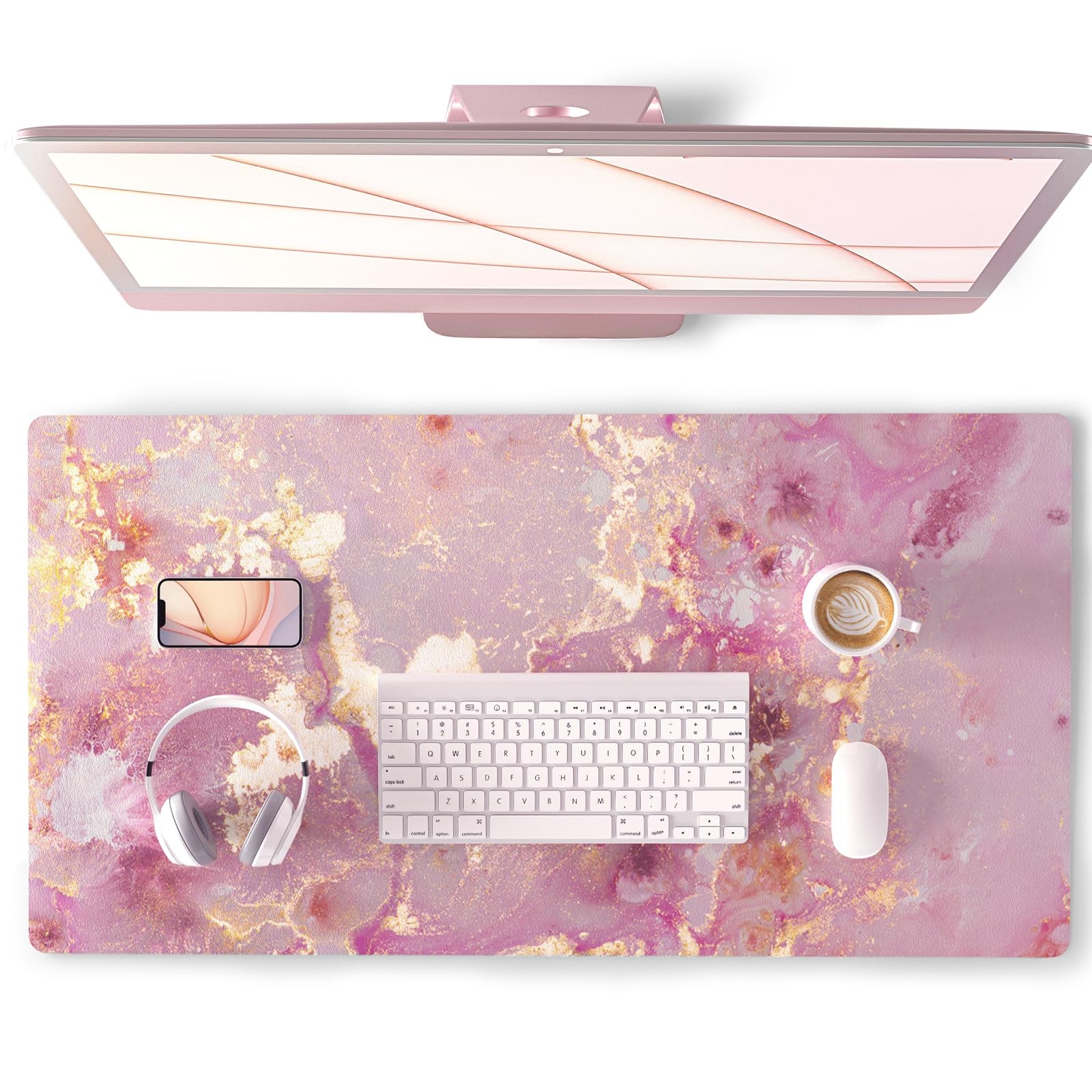 QIYI Large Mouse Pad, Cute Pink Desk Mat for 31.5" x 15.7", Gold Marble