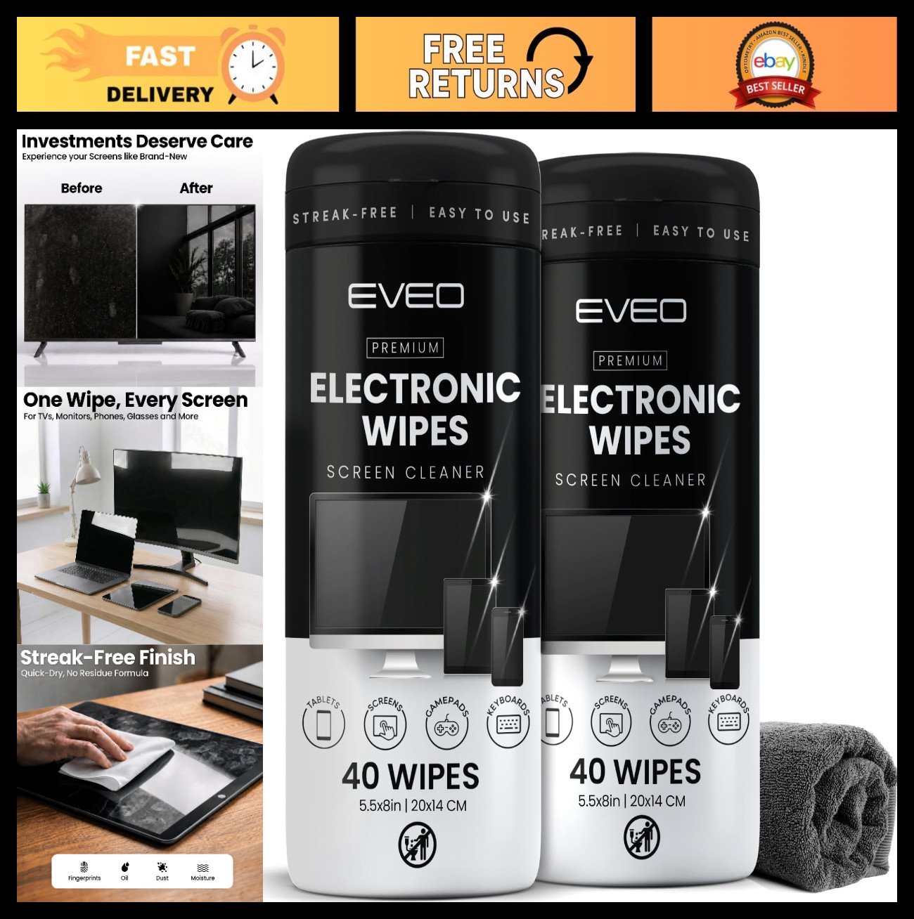 Streak-Free Electronic Screen Cleaner Wipes [2 Pack x40] for TV, Laptop, iPhone,