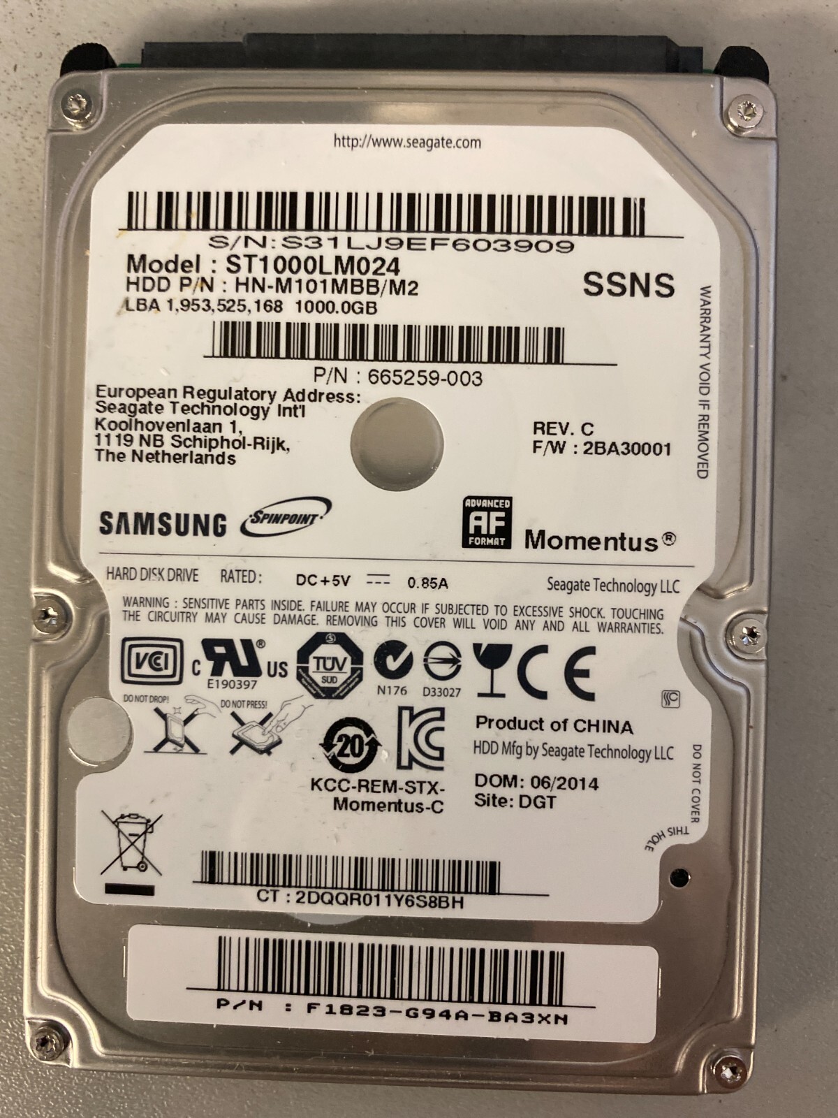 Seagate Momentus 1TB ST1000LM024 SATA P/N: HN-M101MBB/M2 P/N:665259-003