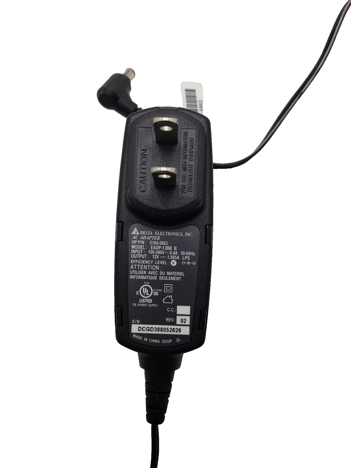 Delta Electronics AC Adapter 12V Model EADP-13BB B PN 5184-5863 SN DCGD388052626