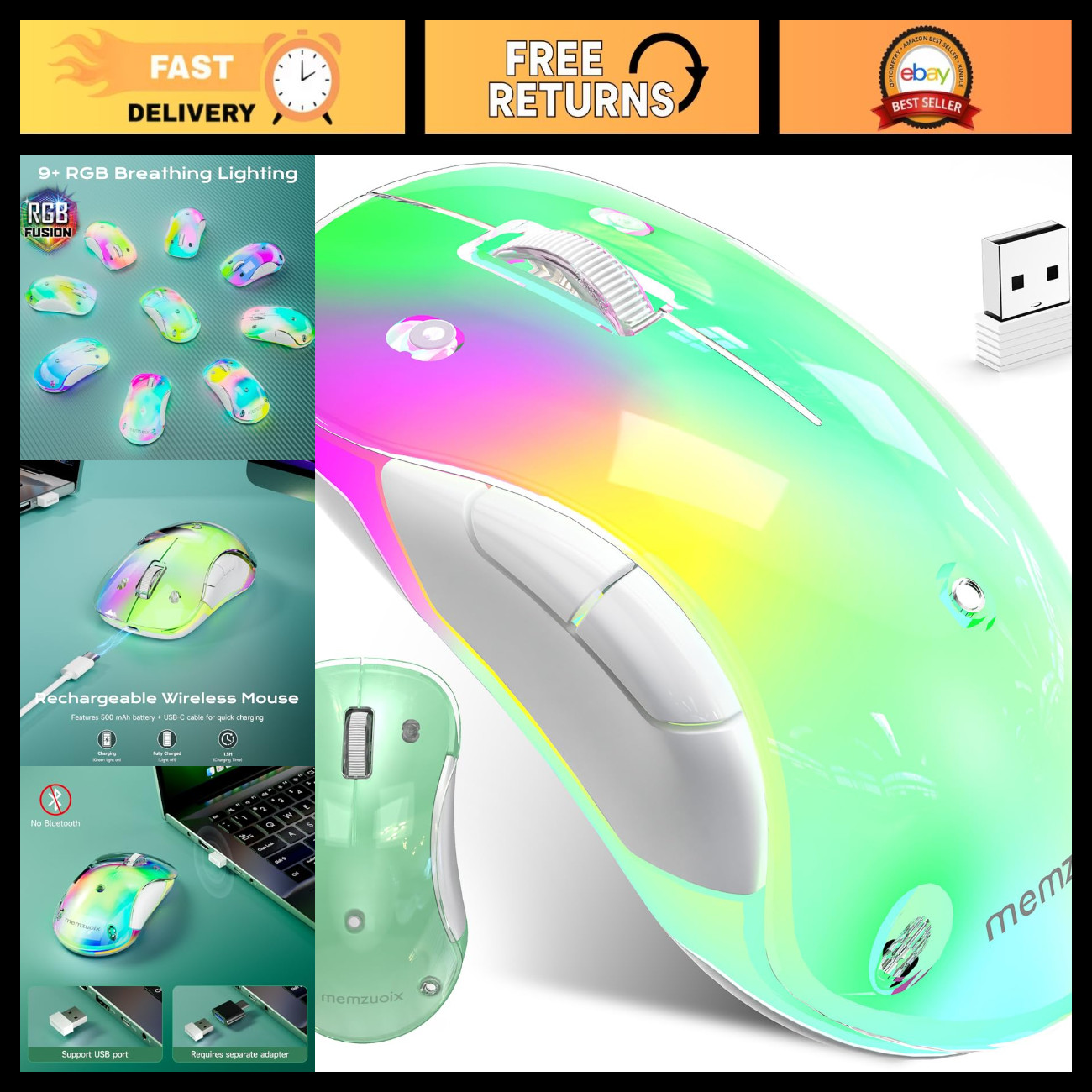 Rechargeable Ergonomic Wireless Mouse, 1400 DPI Optical, USB Receiver, 5 Buttons
