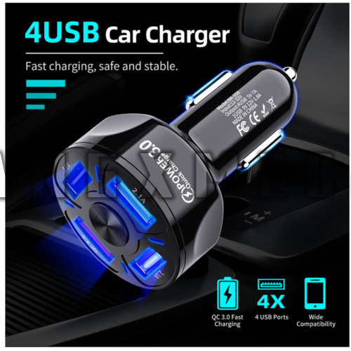 4 Port USB Car Charger Adapter LED Display QC 3.0 Fast Charging for IOS Android
