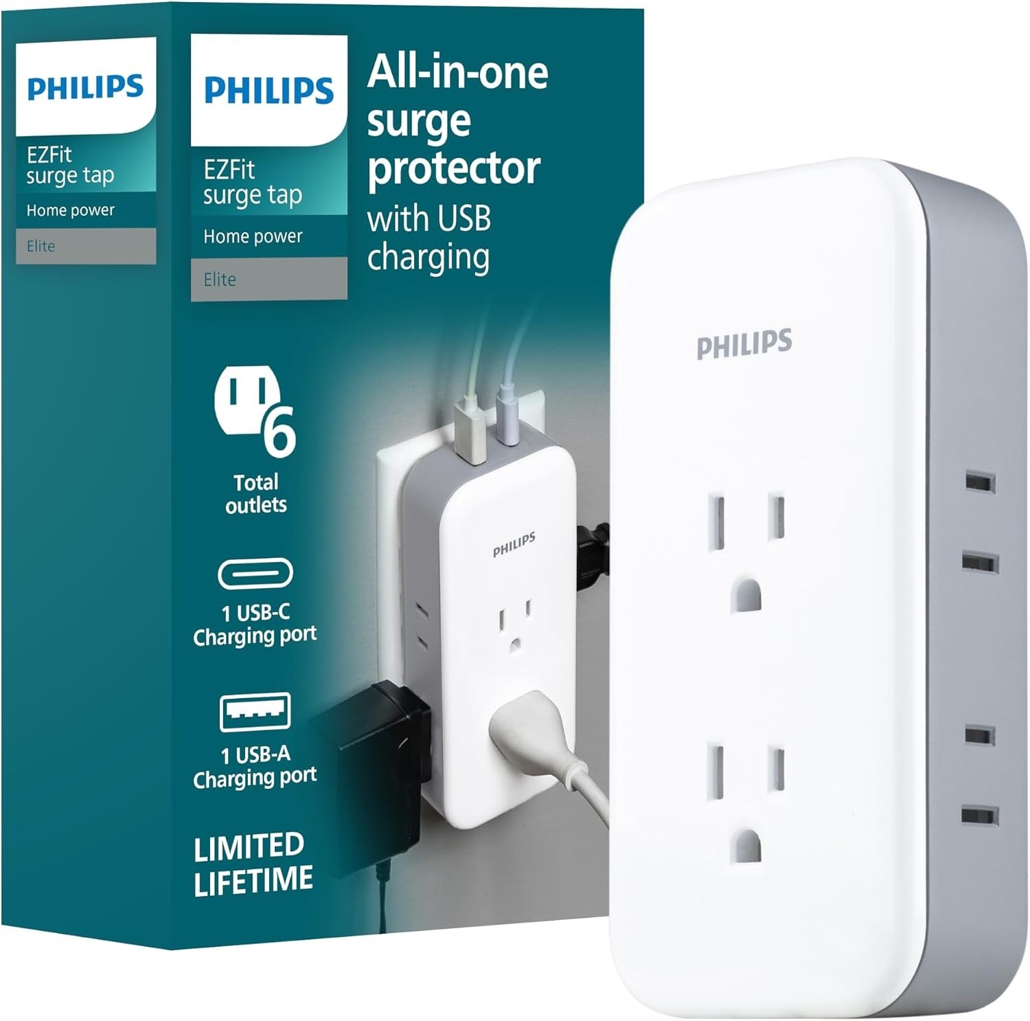 Philips All-in-One Surge Tap with USB, 2 Grounded & 4 Polarized Outlets, 1 USB-C
