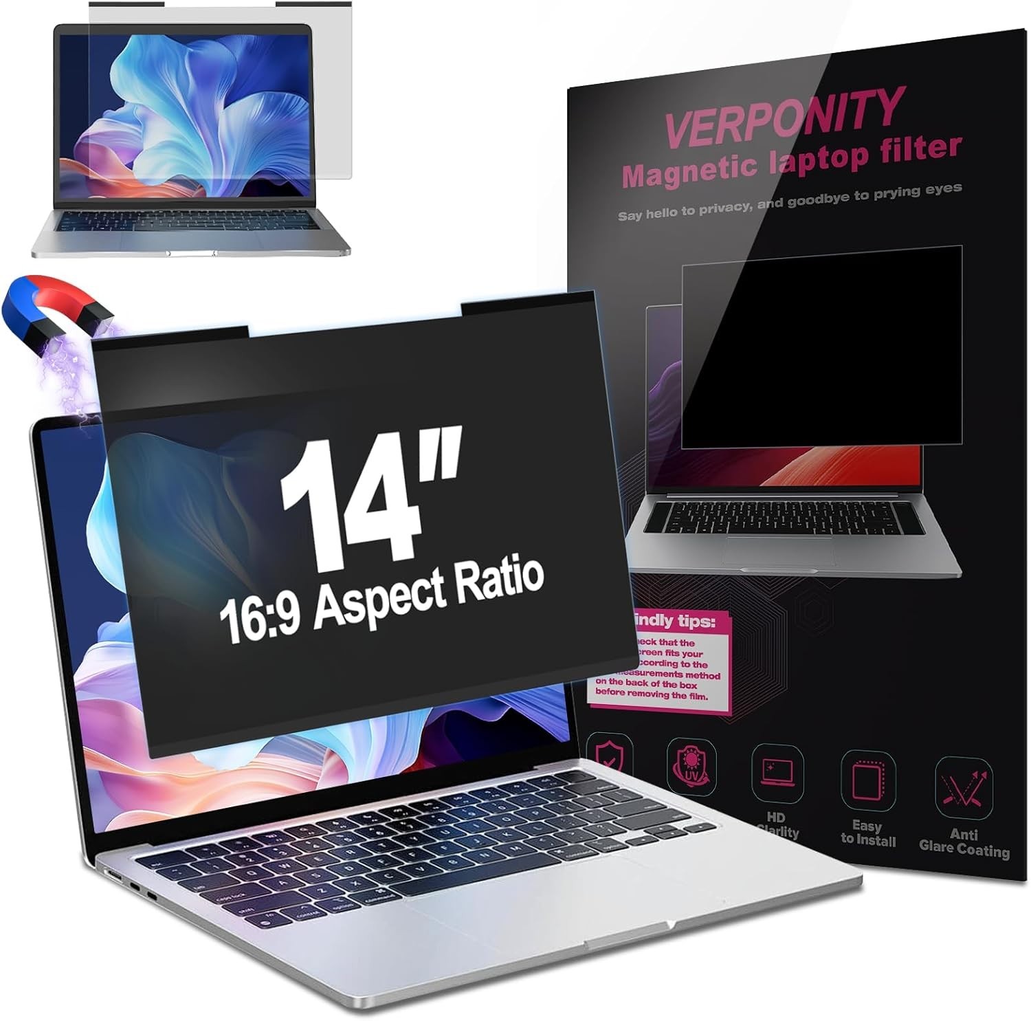 Magnetic Laptop Privacy Screen 14 Inch 16:9 Display, Removable Computer Screen P