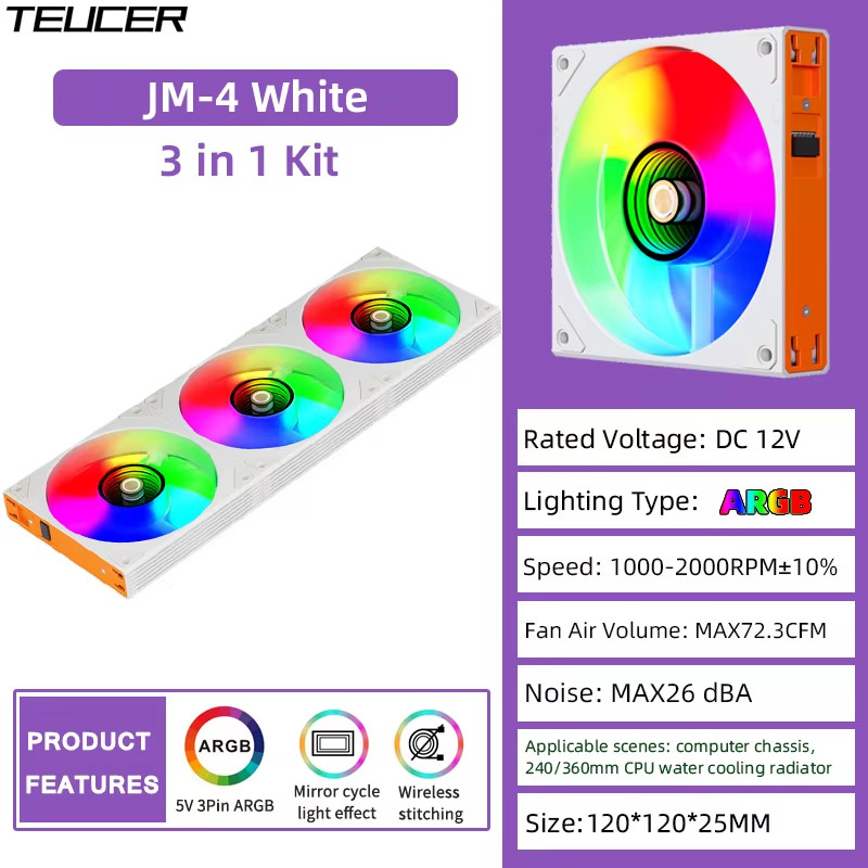 JM-4 Mirror Cycle Light Effect ARGB PC Case Fan 3 IN 1 PC Fan Kit Computer Radia