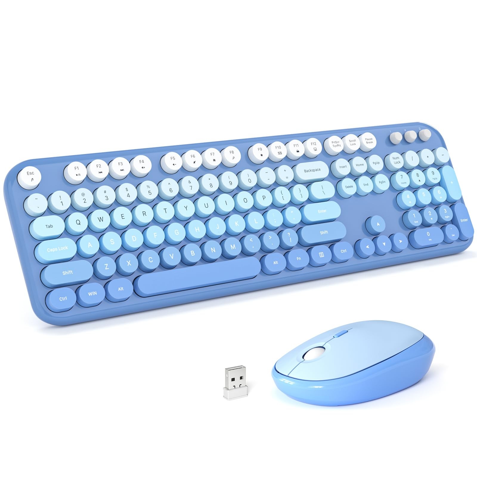 Blue Gradient Rainbow Wireless Keyboard Mouse Combo Retro Round Keycap Laptop